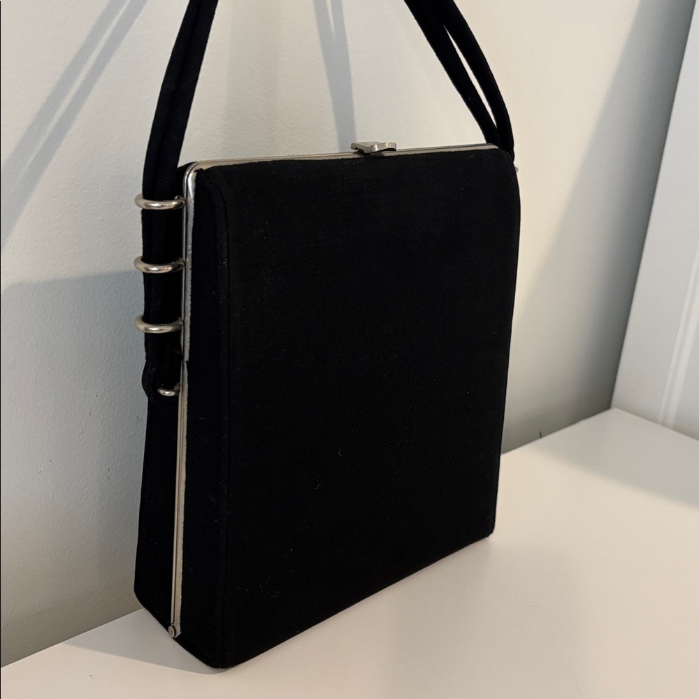 DOVER Vintage purse black cloth (possibly wool) silver toned metal loops & close